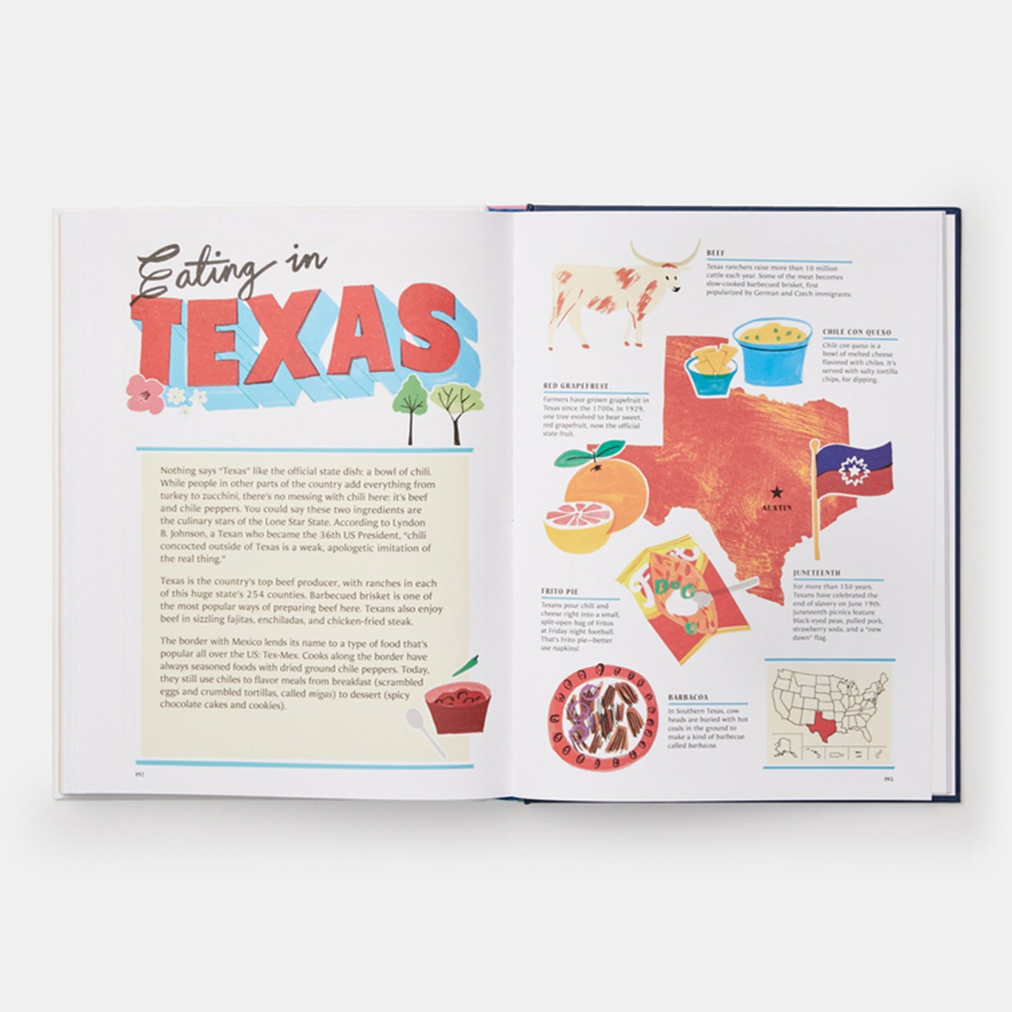Los sabores de Estados Unidos: un atlas de datos curiosos sobre la comida y recetas de cada estado.